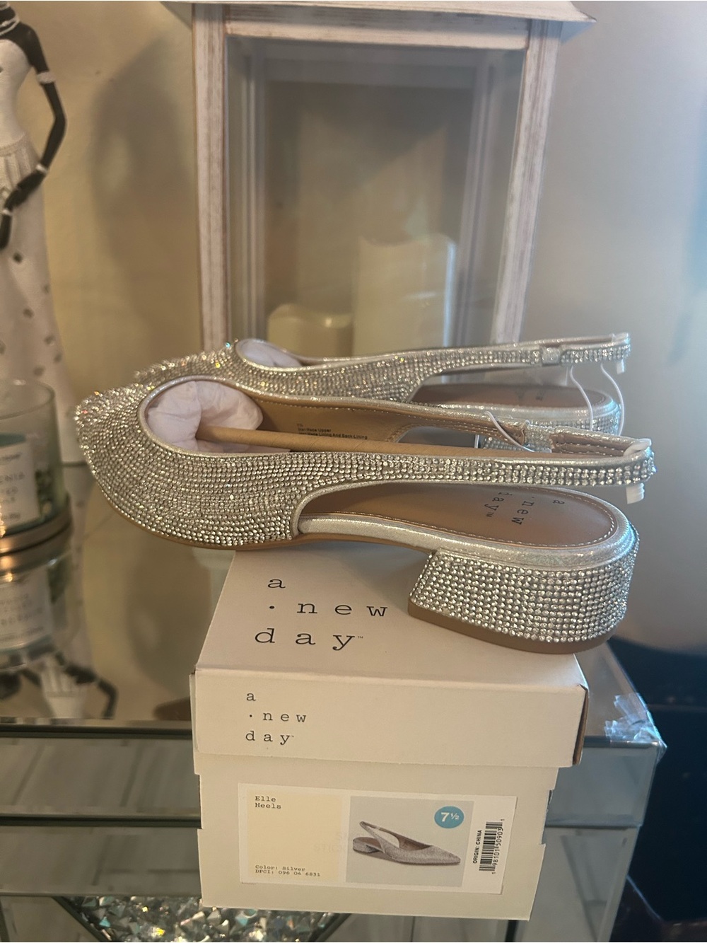 a new day Elle heels Silver Crystal Slingback Mules